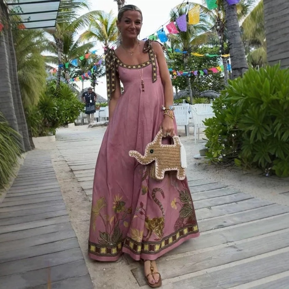 Zimmermann Boho Embroidered Maxi Dress in Dusty Pink with Tie Straps